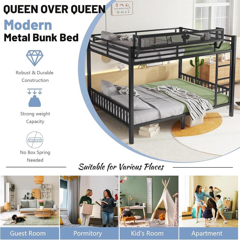 Queen Over Queen Bunk Beds Frame for Adults, Metal Bunk Bed Queen Size with Storage Shelf, Heavy-Duty Bunk Bed Frame with Ladder and Slats Support ,Space-Saving, Noise Reduced, Black