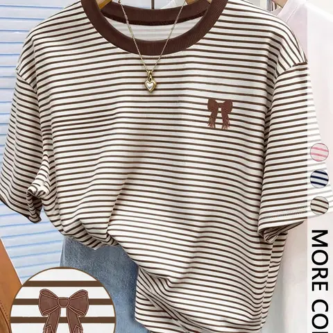 Women's Striped Digital Print T-Shirt, Butterfly Knot Round Neck, Casual Loose-Fitting Top, Daily Wear, Summer, Plain Surface, Unlined, Streetwear