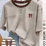 Women's Striped Digital Print T-Shirt, Butterfly Knot Round Neck, Casual Loose-Fitting Top, Daily Wear, Summer, Plain Surface, Unlined, Streetwear
