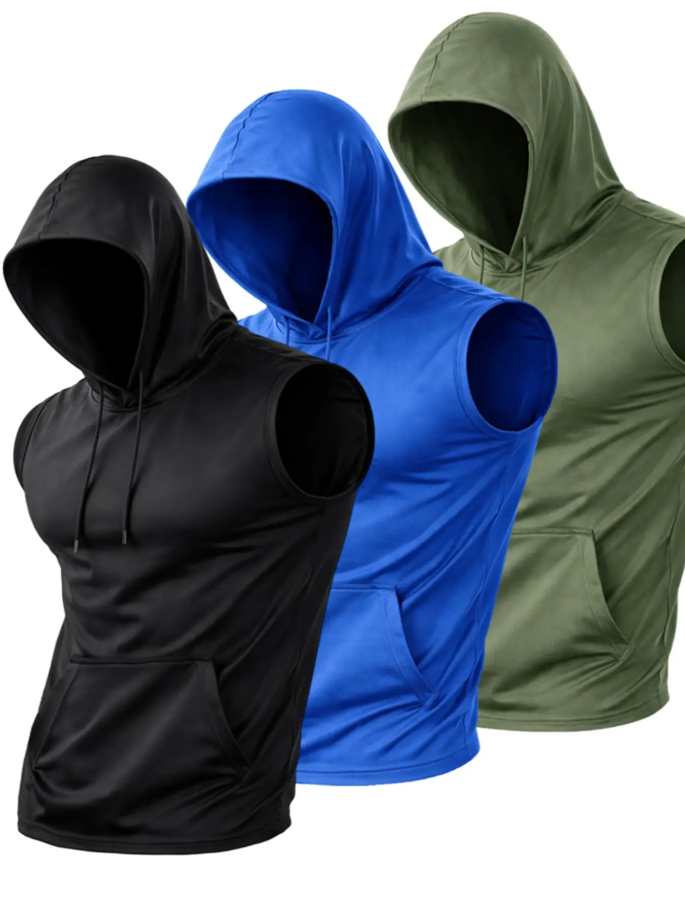 Multi-Pack Hooded Sleeveless Quick-Dry Fitness Tank Tops, Adjustable Drawstring, Kangaroo Pocket, Breathable Elastic Fabric, Slim Fit