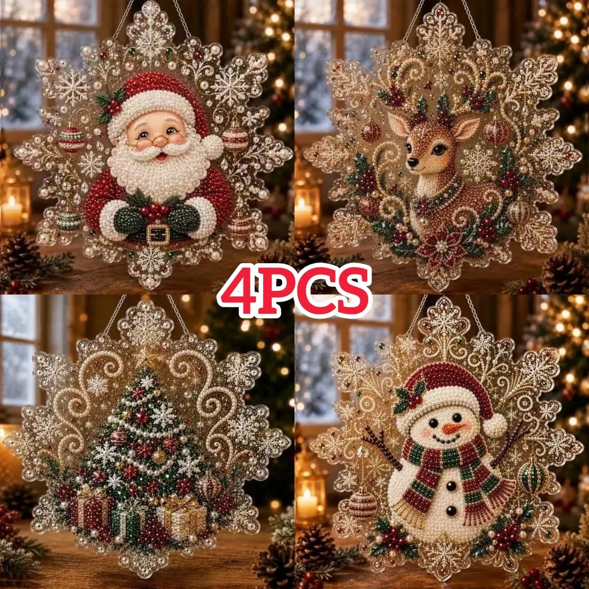 4Pcs 8-inch Christmas DIY Diamond Pearl Suncatcher Kit for Adults, Hollow Lace Acrylic Snowflake Plaque, Pre-assembled Metal Chain, 3D Mixed Beads, Christmas Handmade Ornament Craft Set