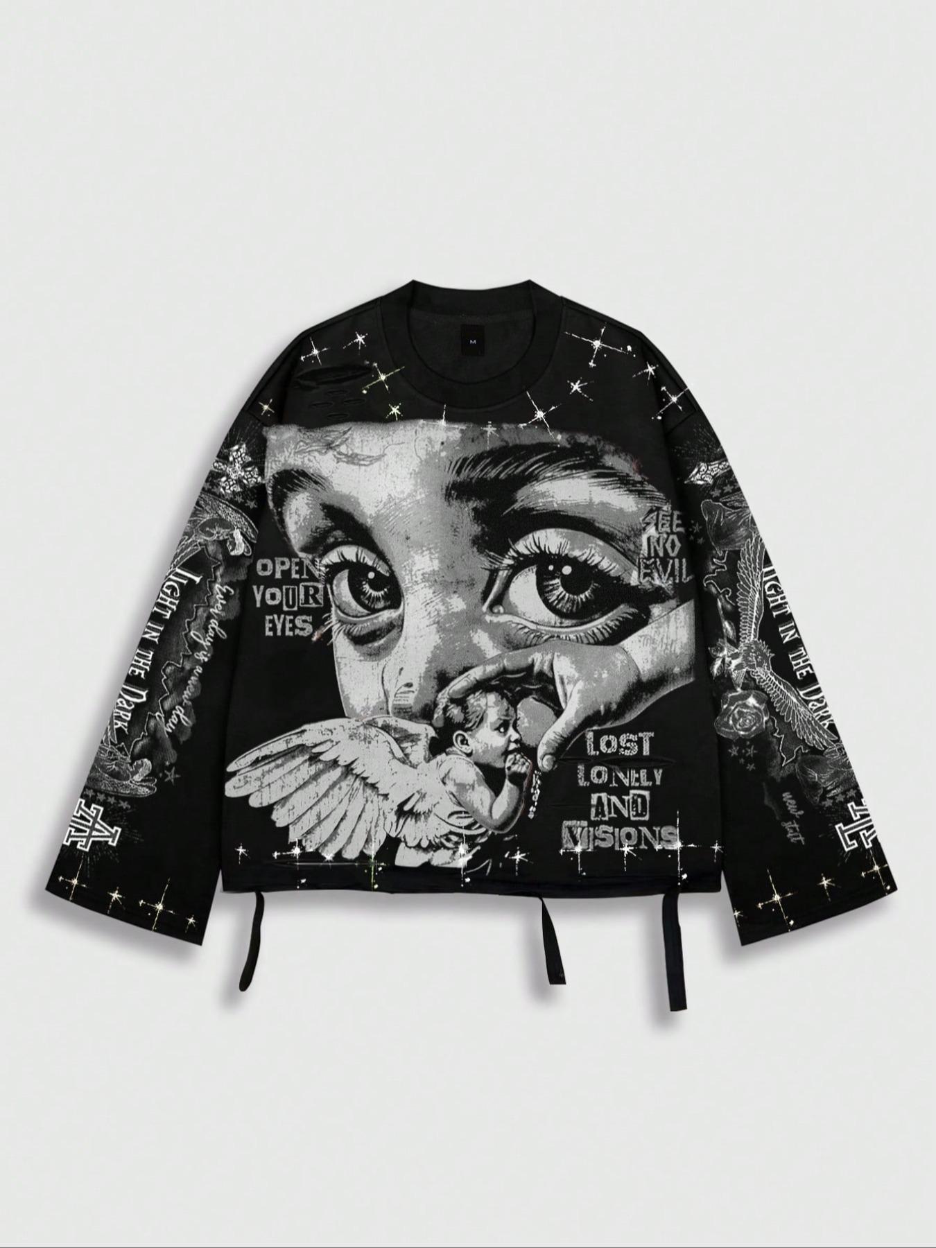 Men's Vintage Casual Streetwear Street Style Saint Print Long Sleeve Round Neck T-Shirt, Loose-Fitting Short Fit, Fall 2000s Fashion