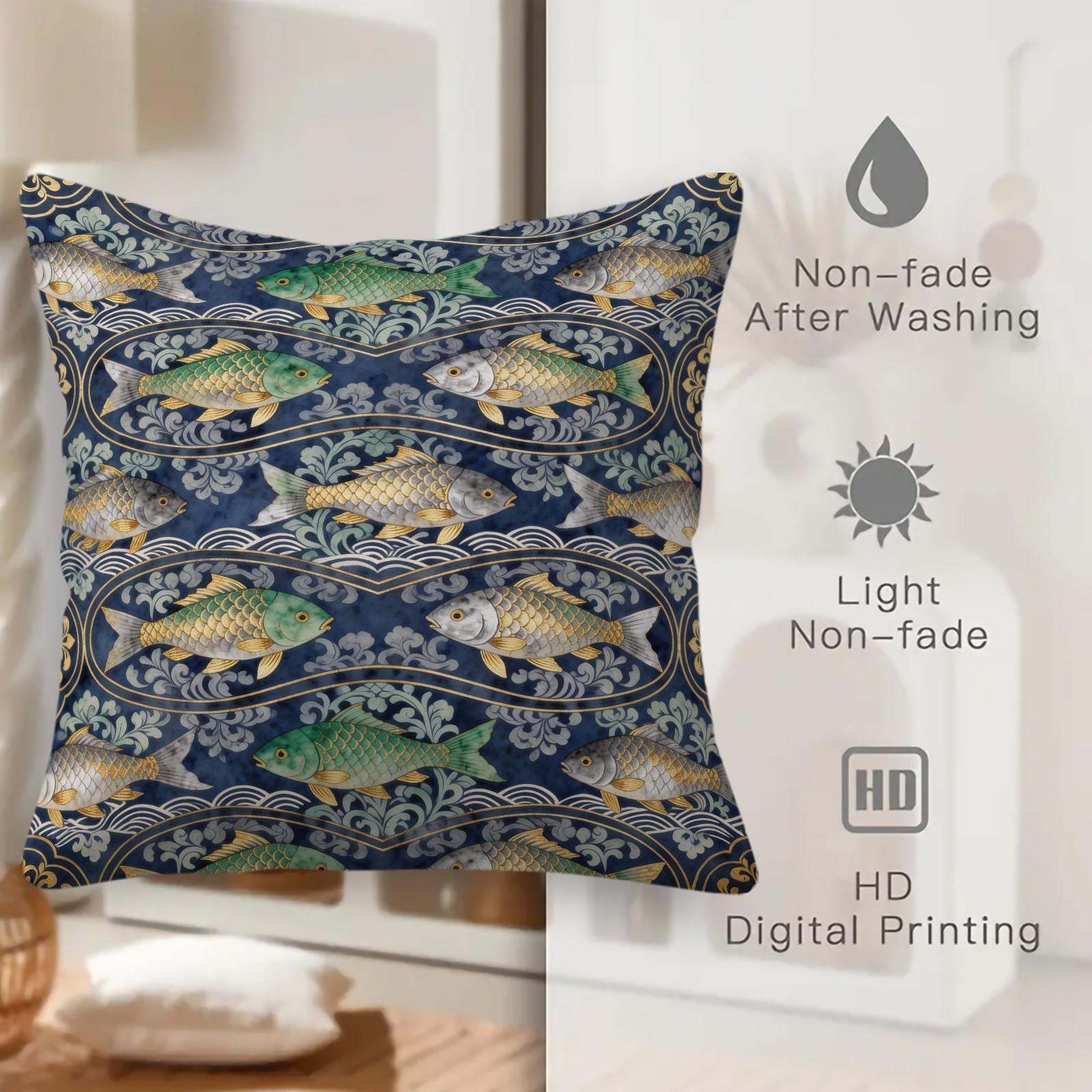 1 Pack 18×18 Inch Koi Fish Printed Throw Pillow with Invisible Zipper, Japanese Style Decorative Cushion for Couch, Sofa, Bed, Living Room and Bedroom, HD Digital Print, Fade-Resistant Soft Pillow
