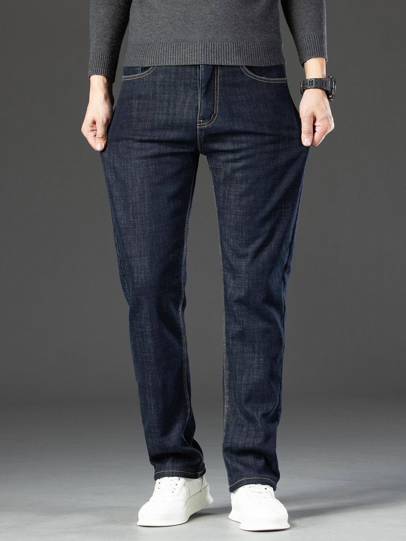 Men's Fleece Lined Denim Jeans, Winter Loose Straight Leg Warm Casual Pants, Thickened Thermal Comfortable Men's Clothing