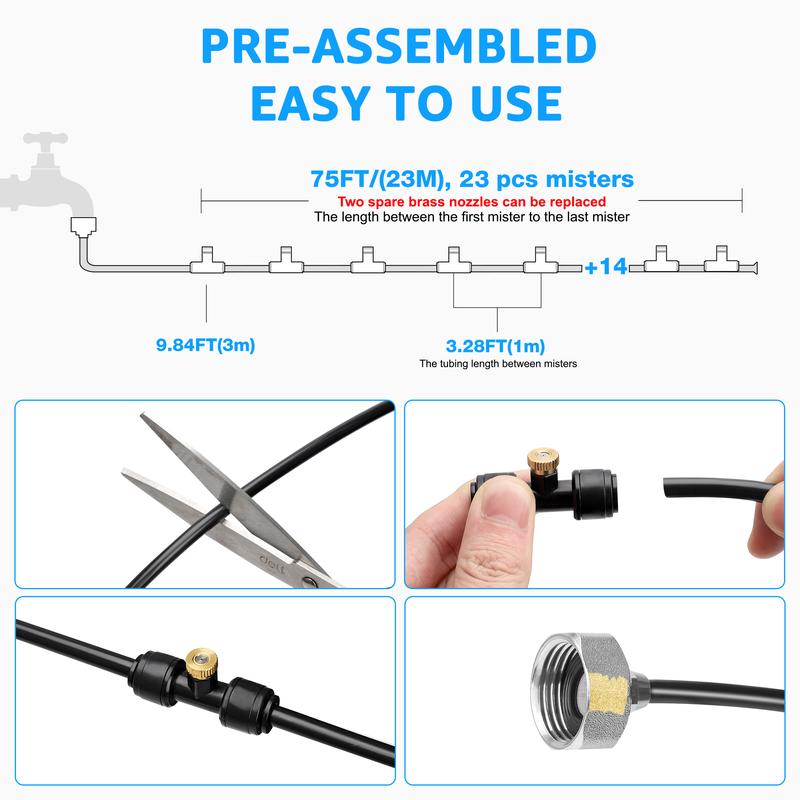 MIXC 75FT Outdoor Misting Cooling System – Pre-Assembled Patio Mister Kit with 23 Brass Nozzles | Instant 73 °F Cooling for Backyard, Pergola & Garden