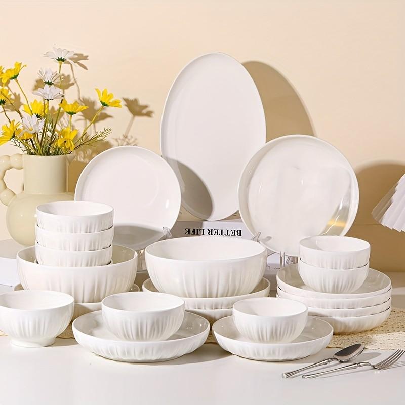 12pcs Ceramic Dinnerware Set, 4 Bowls 4 Plates 4 Spoons, Complete Tableware Set, Dishwasher & Microwave Safe, Home Daily Use