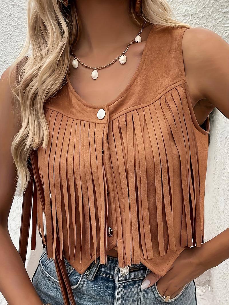 Women's Fringe Detail Denim Vest, Faux Suede Material, Button Front V Neck Sleeveless Top, Casual Spring & Fall Fashion, Casual Sleeveless Outerwear