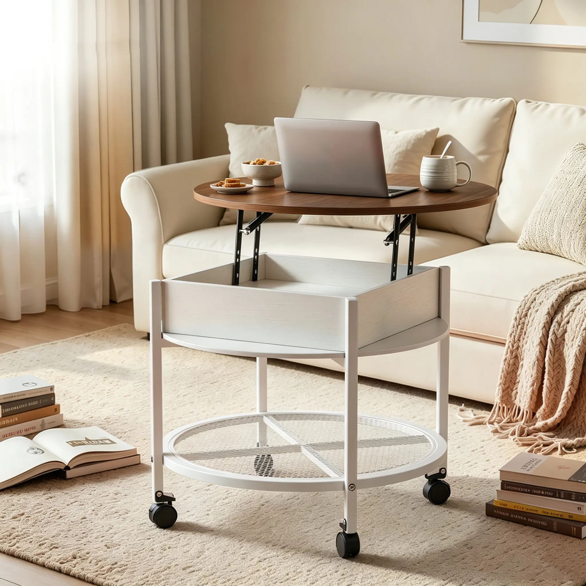 Round Lift Top Coffee Table with RGB LED Lights, 26.8" * 26.8" * 21.6" Mobile Rolling Coffee Table with Wheels, White & Brown Two-Tone Melamine MDF Top, Height Adjustable Table with Hidden Storage, White Brown
