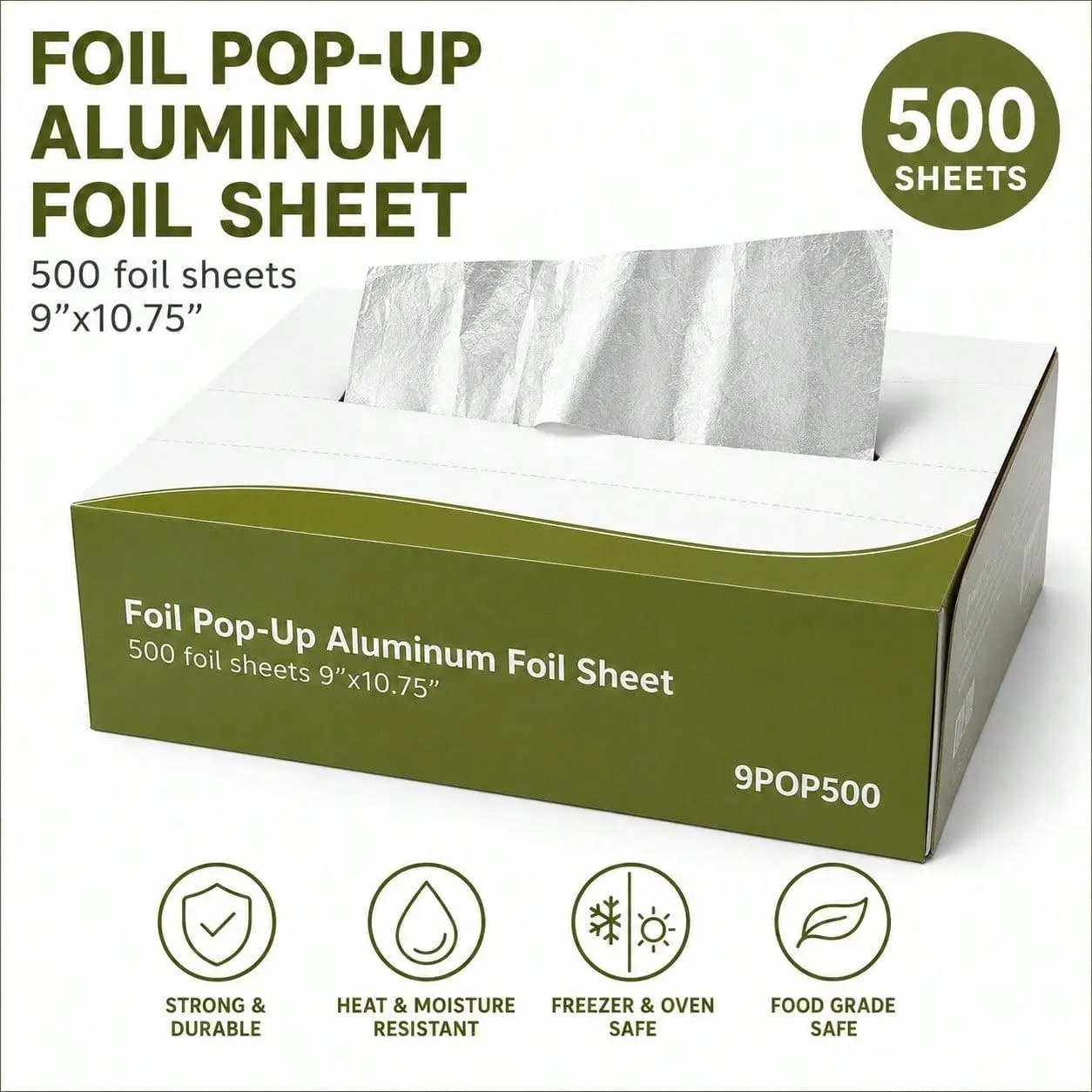 Disposable Pre-Cut Aluminum Foil Sheets - 500 Pop-Up 9x10.75in Sheets with Dispenser Box, Food-Grade Aluminum Foil Food Covers for Kitchen Cooking, BBQ, Baking (Default Pack)
