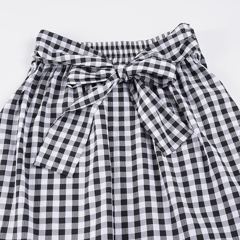 Academic Style Plaid Print Colorblock Loose A-Line Bow Tie Midi Skirt, Women's Pleated Casual Preppy Skirt, Original Hostess Wind
