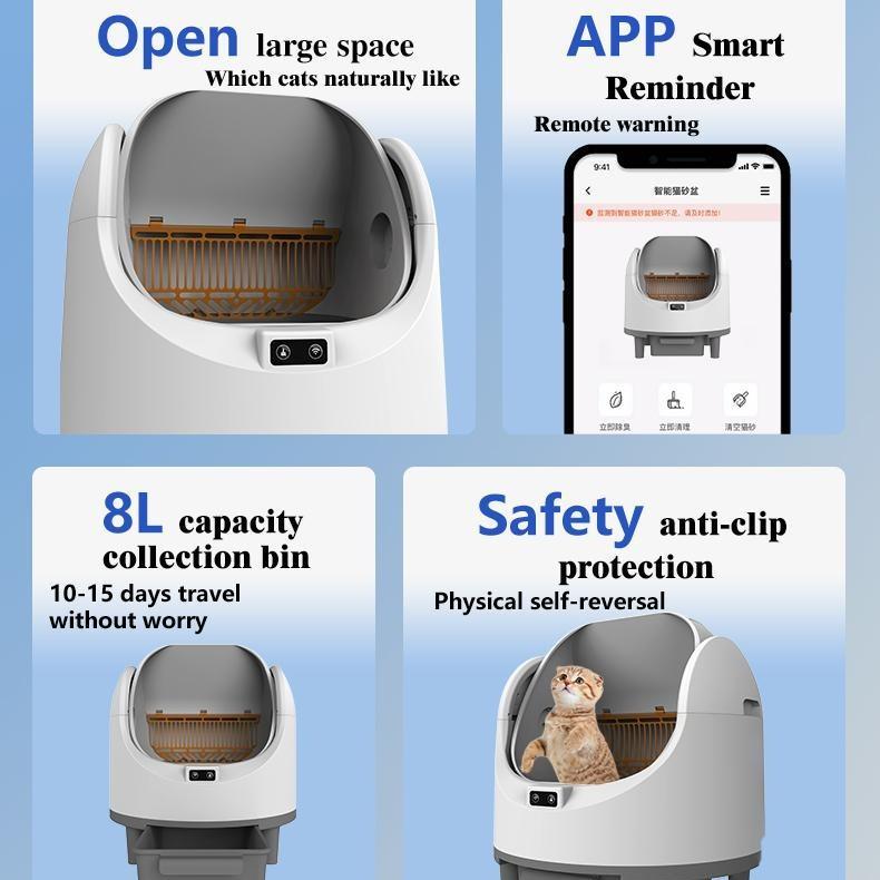 Open-Top Self Cleaning Litter Box, Automatic Cat Litter Box with APP Control, Dual Safety Sensors, Includes Trash Bags, Grey-White