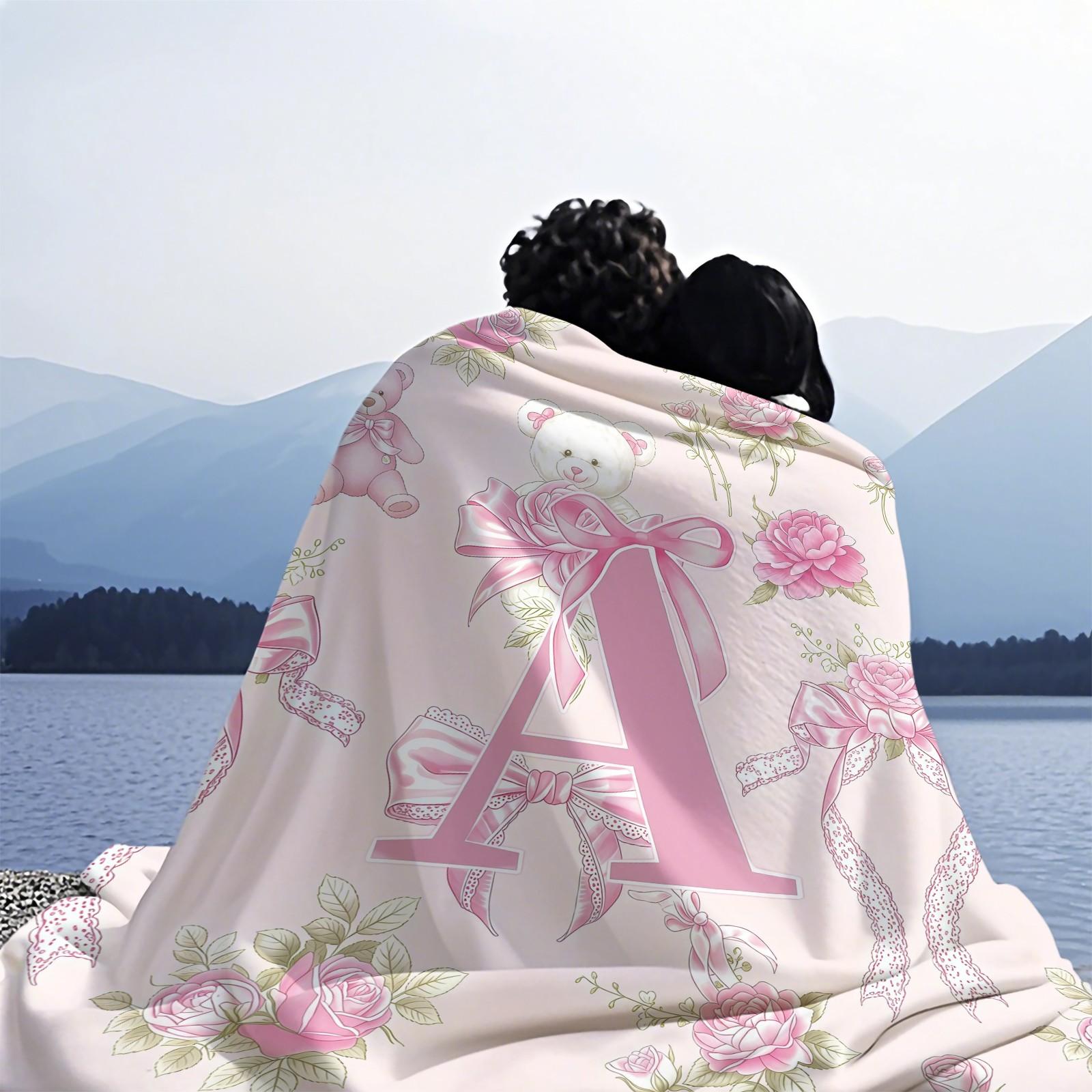 Pink Coquette Initial Letter Throw Blanket, Soft Fuzzy Plush, Teddy Bear & Rose Floral, Girly Bow Print, Lightweight for Couch Bed Office, All Seasons, Aesthetic Room Decor, Perfect Gift