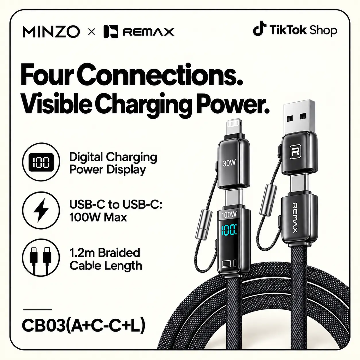 MINZO x REMAX CB03(A+C+C+L) 100W Max USB-C to USB-C Cable with Digital Charging Power Display 1.2m Braided Length