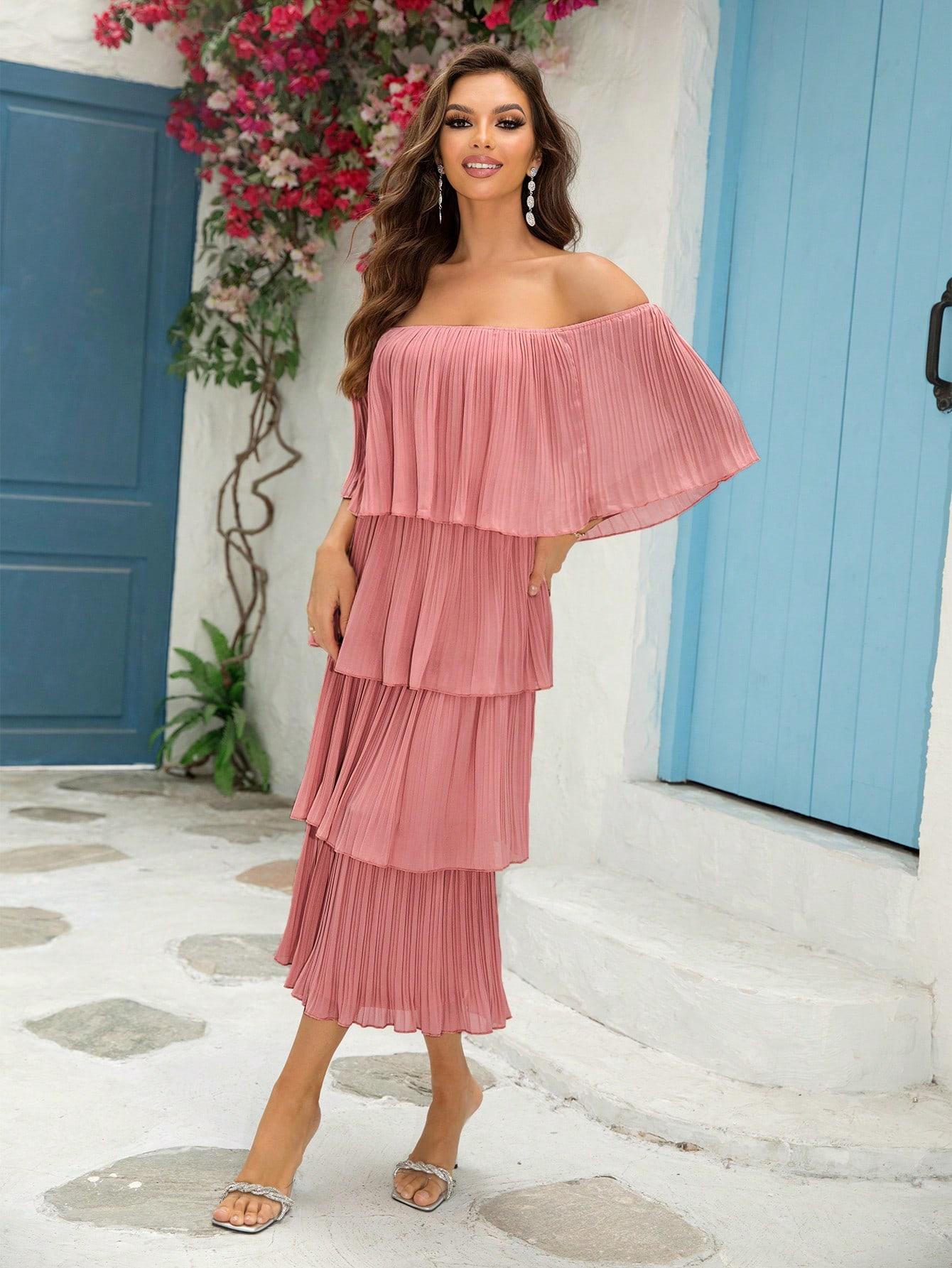 Clearance Joyfunear Women's solid color off shoulder  Ruffle Hem Casual Elegant Vacation Wedding Guest Chiffon Midi Dress
