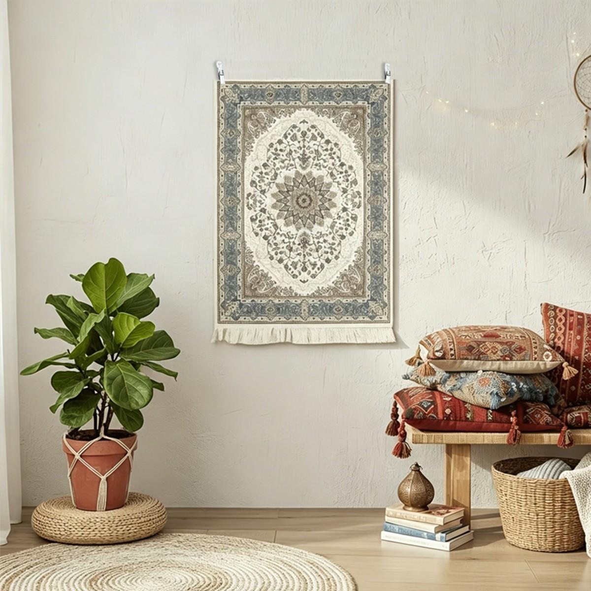 Vintage Central Asian Pattern Fringe Wall Hanging Tapestry, Luxe Ethnic Style Wall Decor Fabric, Bedroom Living Room Bed Head Art