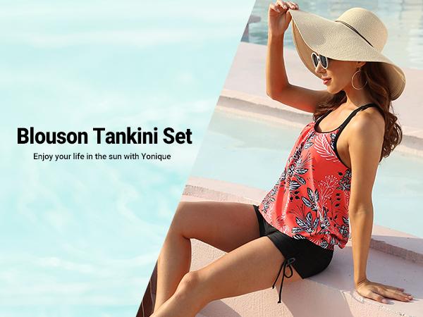 Yonique Womens Blouson Tankini Swimsuits Two Piece Strappy Bathing Suit Tops with Shorts Criss Cross Swimwear