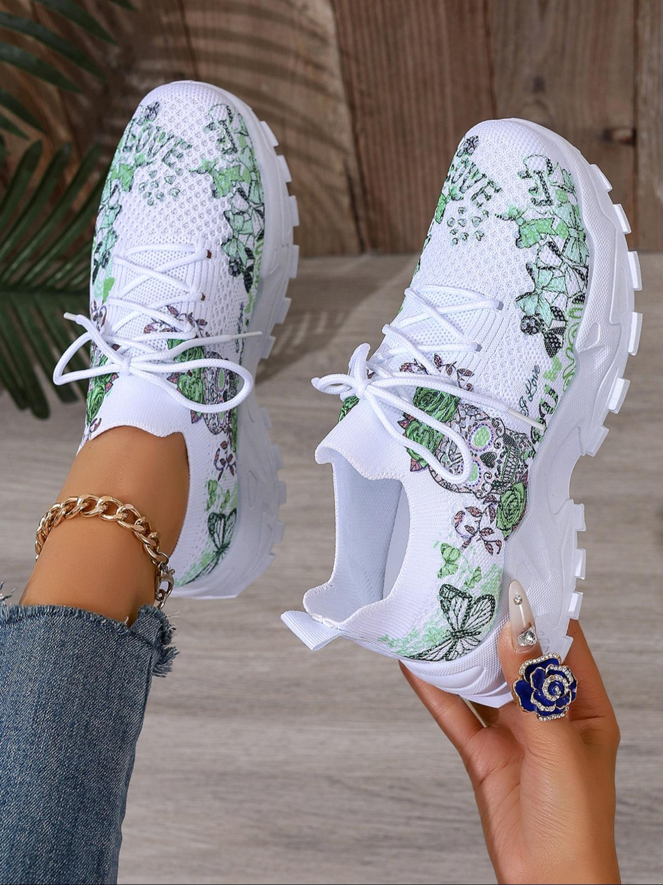 Women's Fashionable Floral Print Lace Up Low Top Sneakers, 2024 New Style Casual Comfortable Breathable Sports Running Shoes, All-match Basic Shoes for Daily Wear