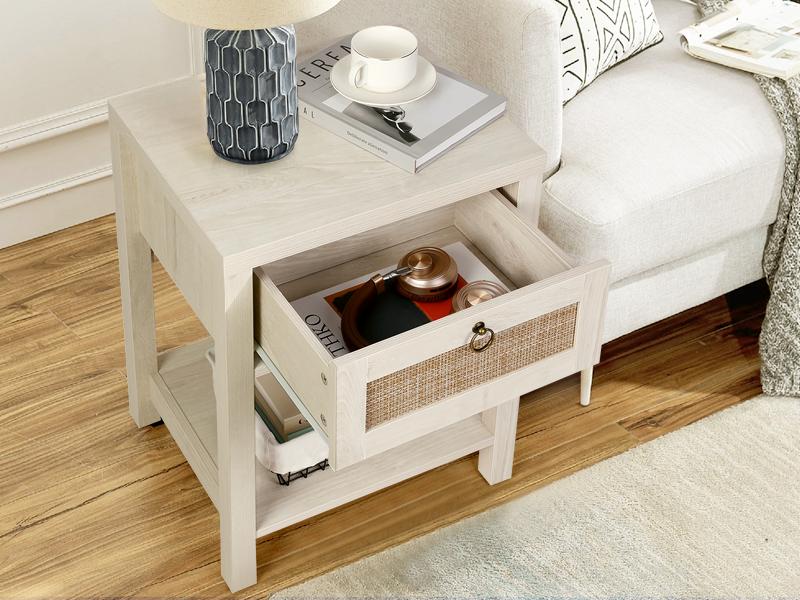 VOWNER 2 PCS Gray Rattan Nightstand Set of 2, Wood Night Stand with Vintage Metal Pull Handle, Bedside Table Boho End Tables Side Tables with Storage Shelf, for Bedroom