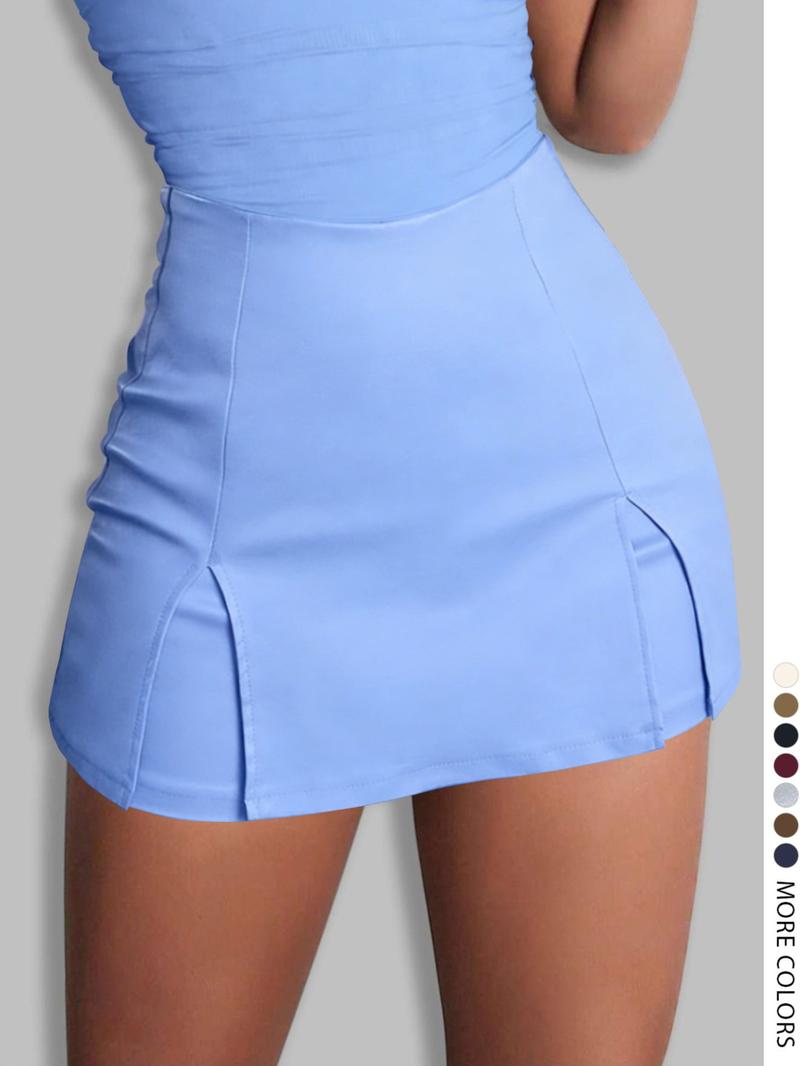 Women's Split Hem High Waist Skinny PU Skorts, Stretchy Zip Back Faux Leather Skort for Holiday Club Daily Wear, Lady's Bottoms for All Seasons