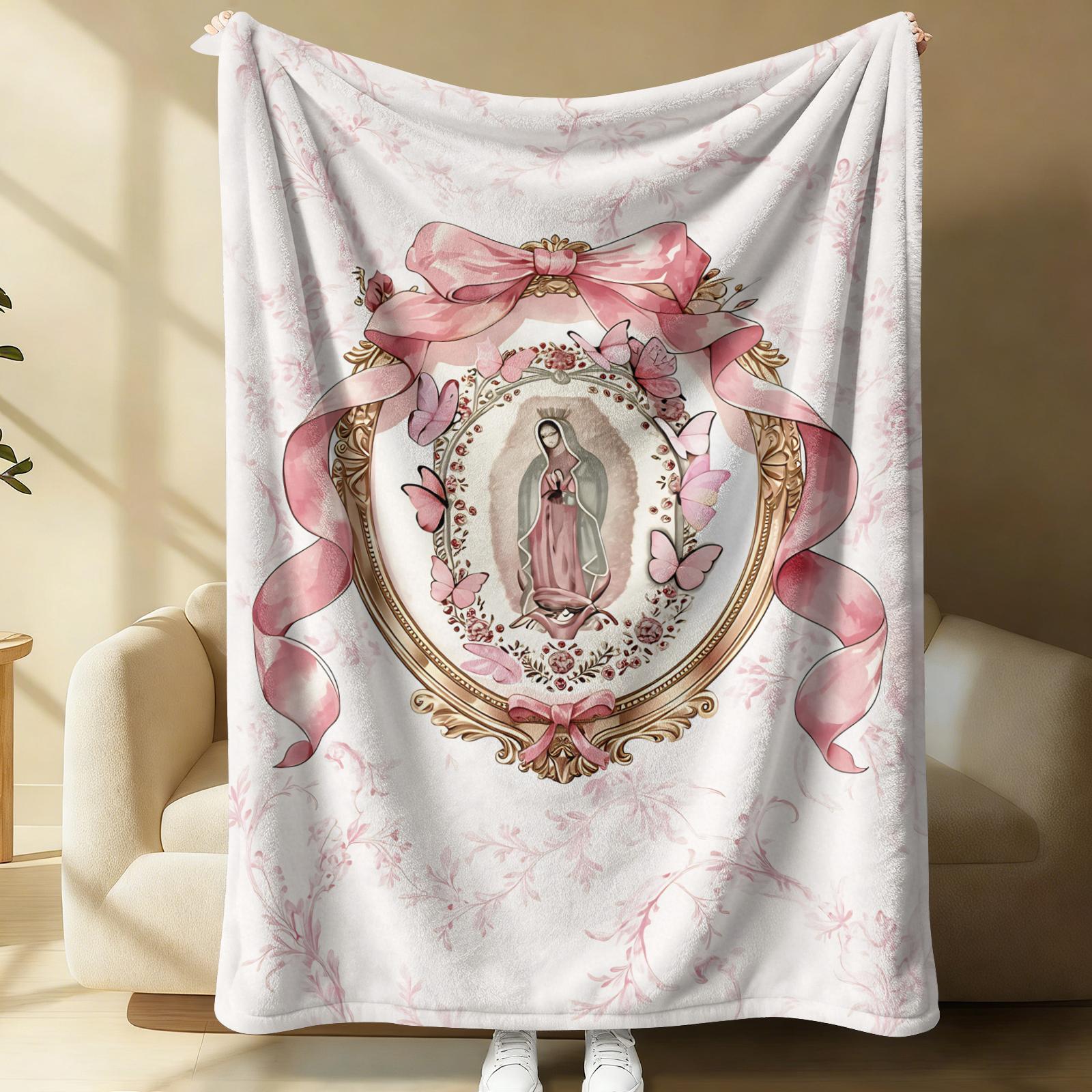 Our Lady of Guadalupe Flannel Throw Blanket, Cozy Warm Fleece Blanket with Pink Bow & Butterfly Print, Soft Plush Gift Blanket for Couch Bed Sofa, Decorative Religious Blanket for All Seasons, Perfect Gift for Friends & Family