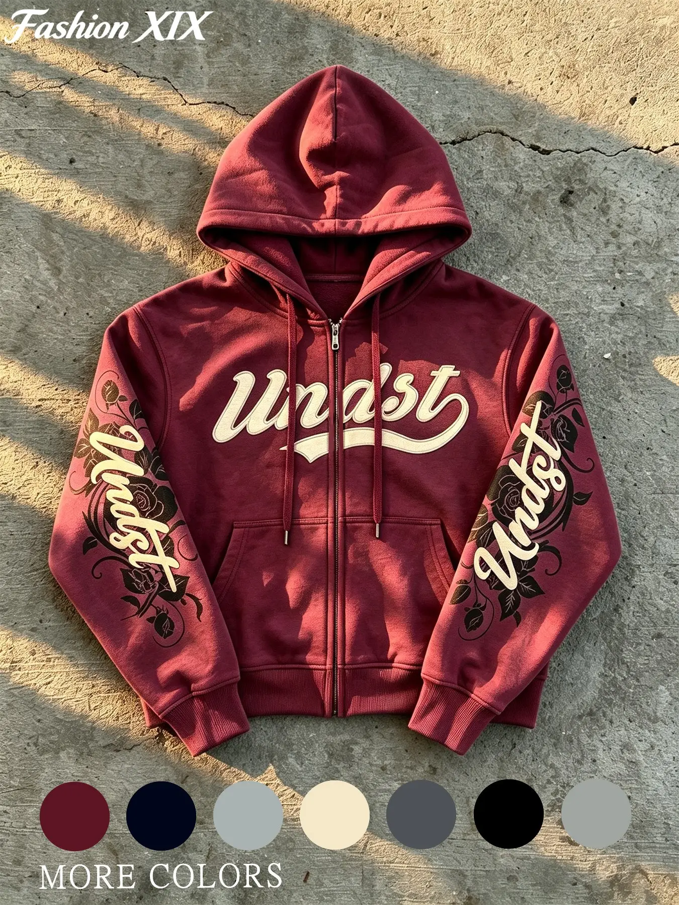 Unisex Burgundy Rose Print Letter Embroidery Zip Up Hoodie, Loose Cropped Long Sleeve Hooded Jacket, Gothic Street Daily Outfits for Teens, Y2K Fans & Dark Academia Lovers, Fall Winter Grunge Goth Viral Streetwear Rare Aesthetic