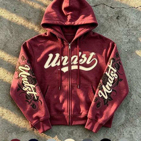 Unisex Burgundy Graphic Rose-Print Letter-Embroidered Zip-Up Hoodie, Loose Cropped Long-Sleeve Hooded Jacket for Teens, Y2K Fans and Dark Academia Lovers, Gothic Streetwear for Daily Wear, Fall/Winter Grunge Goth Aesthetic