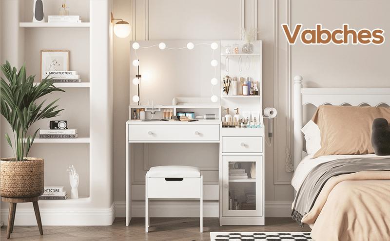 Vabches Vanity with Mirror and Lights, Makeup Vanity Table with Charging Station, Cute Vanity Set with Comfortable Bench, Big Vanity with 3 Storage Compartments