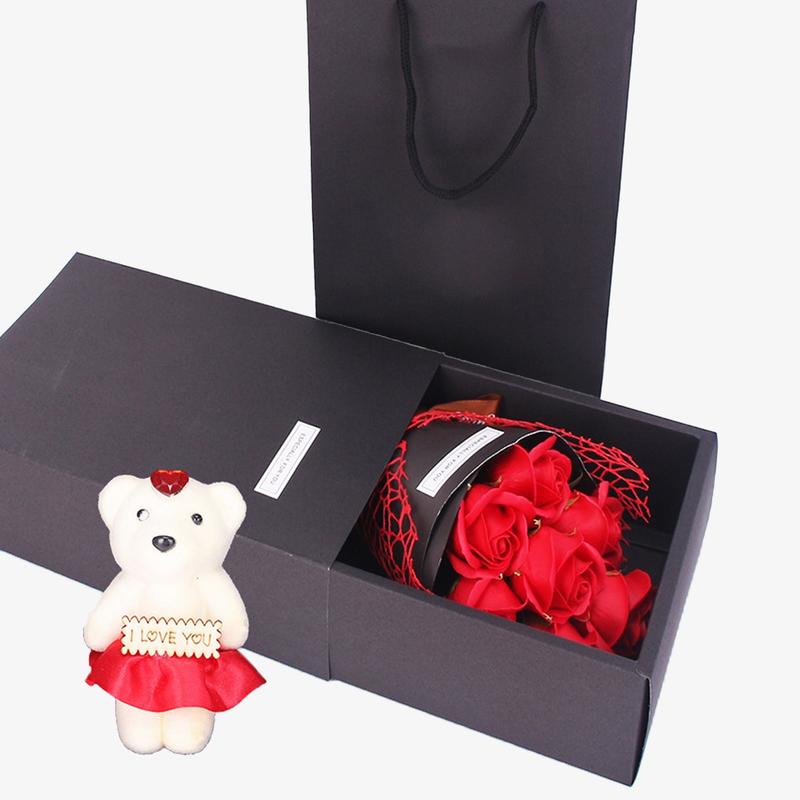 Realistic Flower Gift Box Set, Lifelike Artificial Flower, 7-Rose Bouquet with Bear Design, Creative Gift Idea for Valentine's Day, Mother's Day & Christmas