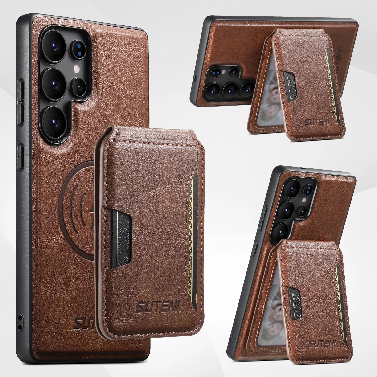 Magnet Wireless Charging Luxury Faux Leather Phone Case Card Holder Stand For Samsung Galaxy S26 Ultra S25 S24 S23 S22