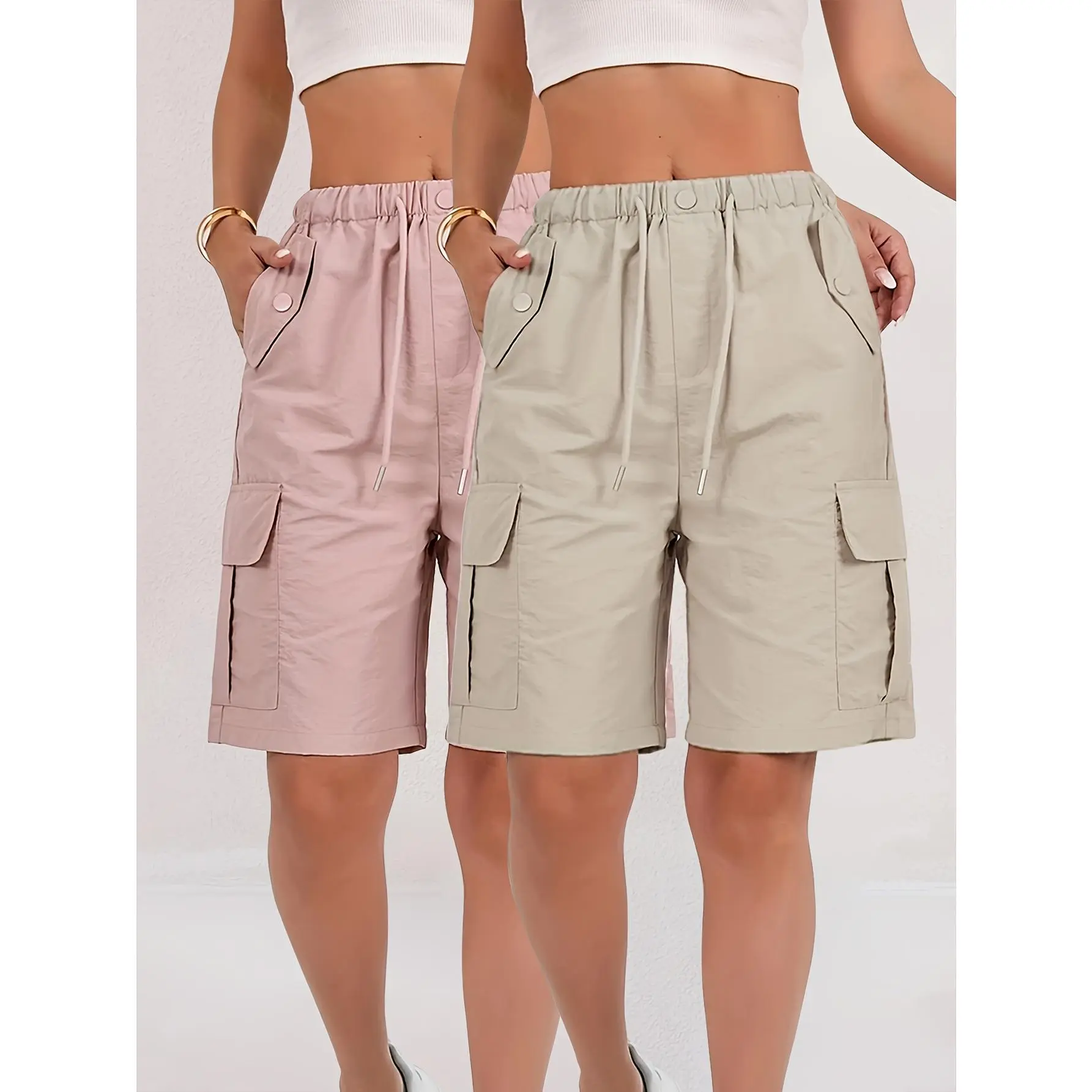 Women's American Workwear Cargo Shorts - 2pcs Lightweight Straight-Leg with Multiple Pockets, Adjustable Drawstring Waist, Machine Washable Casual Mid-Thigh Length for Spring Summer Fall, Everyday Comfort, Functional Design, Durable Fabric Bottoms Womensw