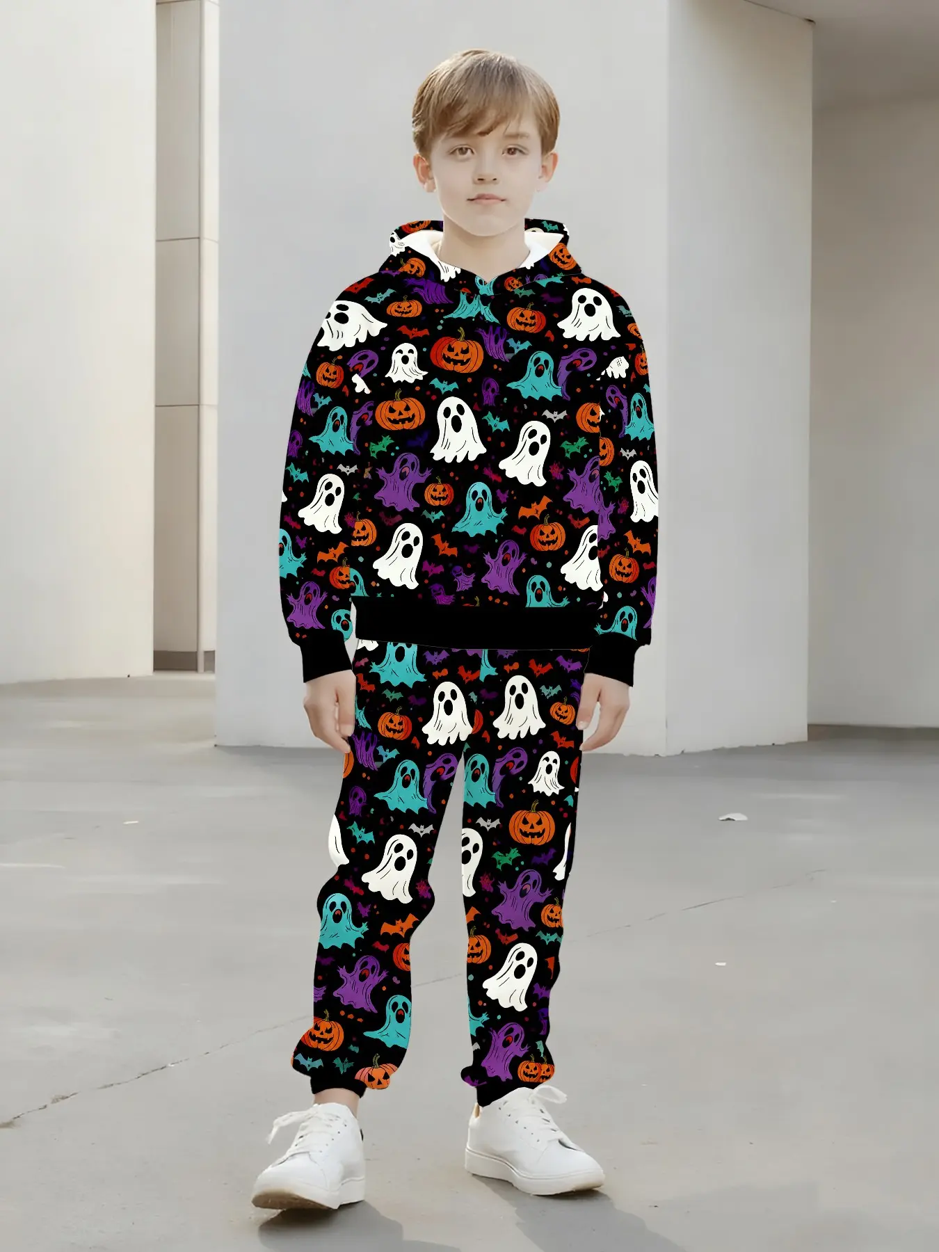 Halloween Hooded Sweatshirt Set for Boys and Girls, Pumpkin Ghost Print Sportswear Two-Piece Set, Fall & Winter, Graphic Print Set
