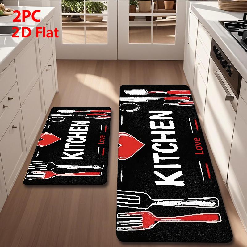 2/3pcs Flannel Kitchen Mat Set, Base Hand-Drawn Design, Non-Slip, Absorbent, Ideal for Bathroom, Laundry Room, Hallway