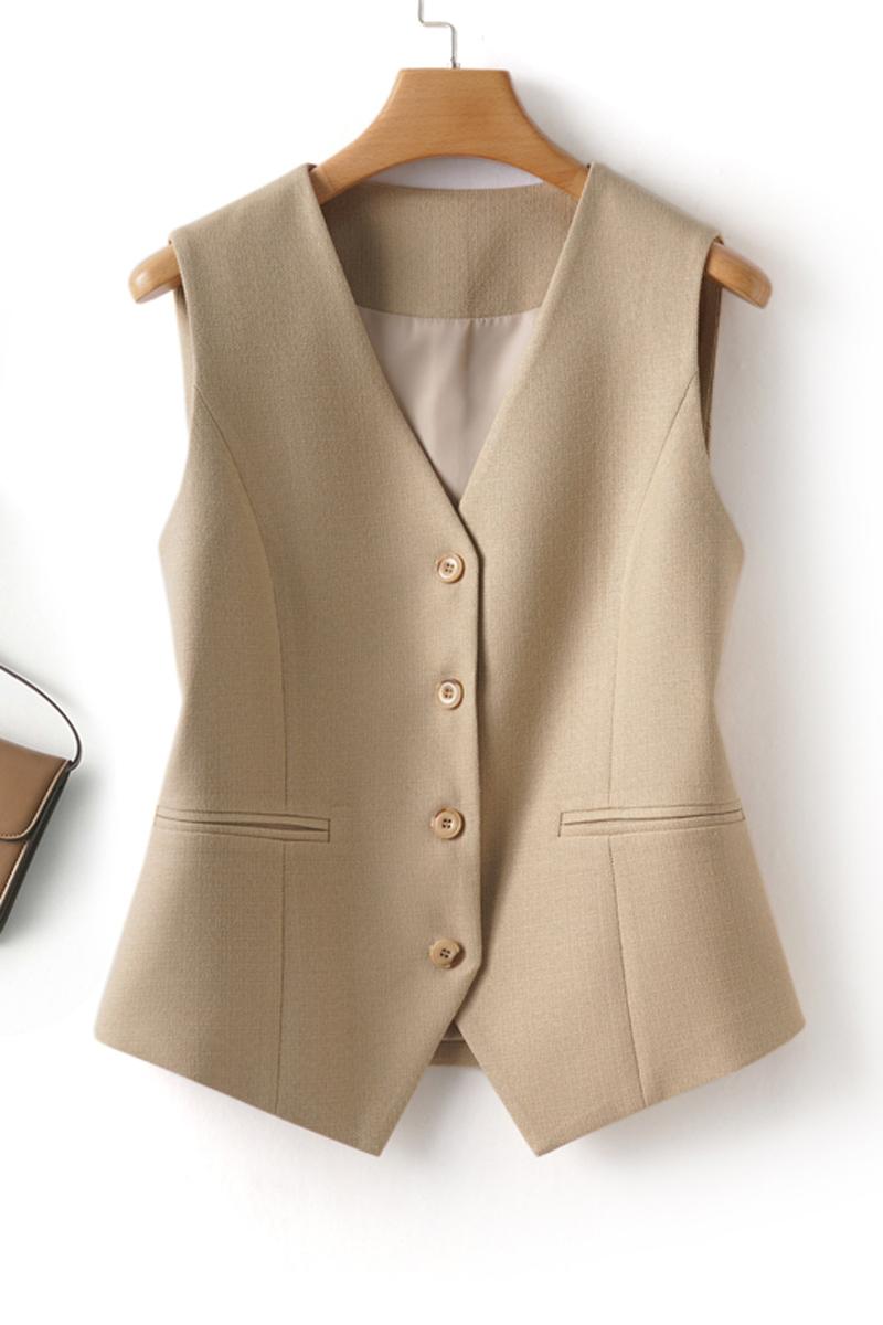 Women's Solid Button Front Vest Blazer, Elegant V Neck Pocket Suit Vest For Work Office Business, Ladies Spring & Fall Clothes, Modern Easy Wear