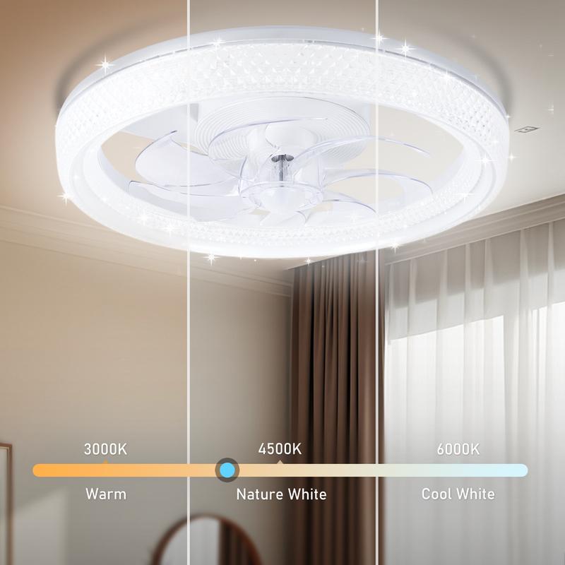 GLITGATE Diamantes Smart Ceiling Fan with Light 20" White Crystal 6-Speed Reversible DC Motor APP Remote Control Timer Dimming 3 Color Temperatures for Bedroom Living Room