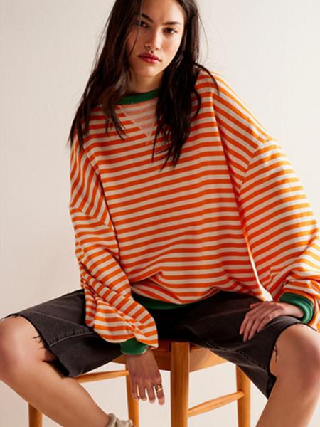 Women's Loose-Fit Casual Colorblock Striped Long Sleeve Pullover Hoodie, Fashionable All-Season Wear, Stylish Daily, Womenswear