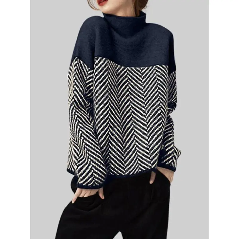 Women Color‑Block High‑Neck Long‑Sleeve Pullover Sweater Tops, Chevron Stripe Patchwork Loose‑fit Knit Shirts, Elegant Retro Daily Outfit, Trendy Relaxed‑fit Tops For Autumn‑Winter Commute, Dating, Shopping And Street Daily Wear