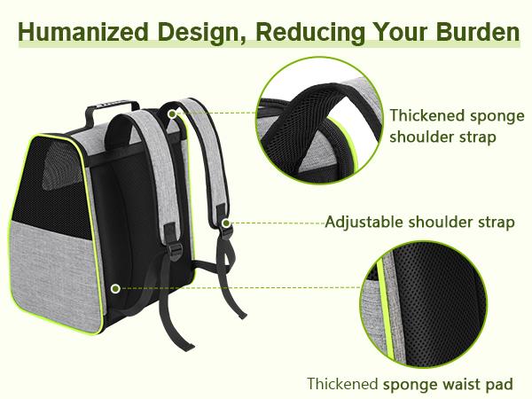 Pecute trapezoidal cat backpack, comfortable travel, well-ventilated, available in black and grey.