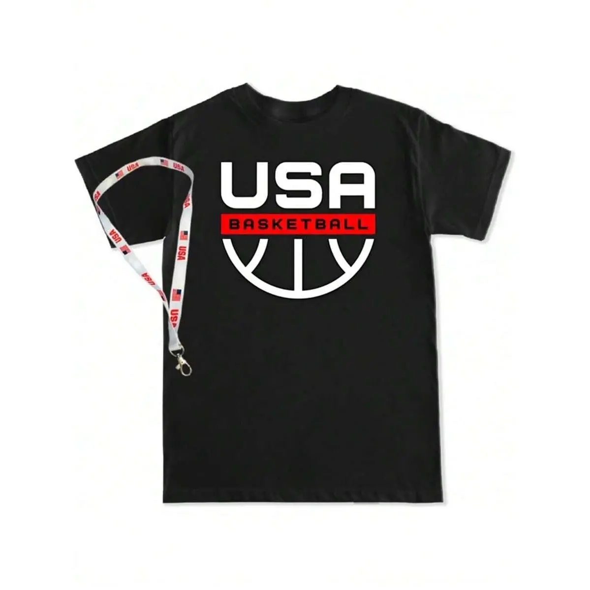 Men'S & Women'S Black USA Basketball Graphic T-Shirt - 100% Breathable Short Sleeve Crewneck With Lanyard, Unisex Casual Sports Streetwear, All-Season Comfort Fit, Bold USA Basketball Print & Hoop Design For Gym, Casual Attire & Basketball Fans