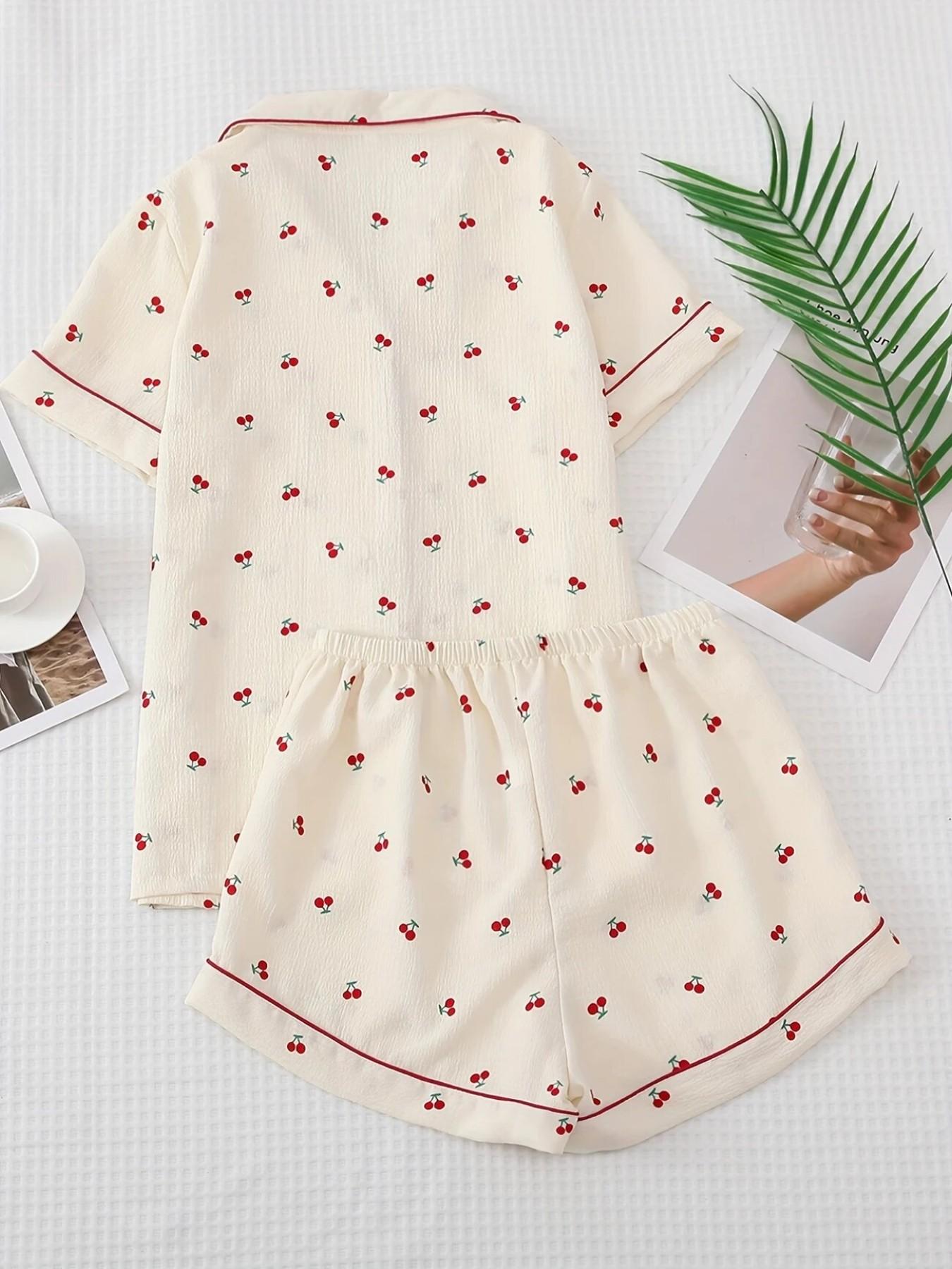 Women's Short Sleeve Button Down Top and Shorts Pajama Set, Spring Summer Wear, For Energetic Teen Girls, Cream Base Bright Cherry Print, Classic Lapel Collar, Loose Vitality Fit, Comfortable For Home & Gatherings