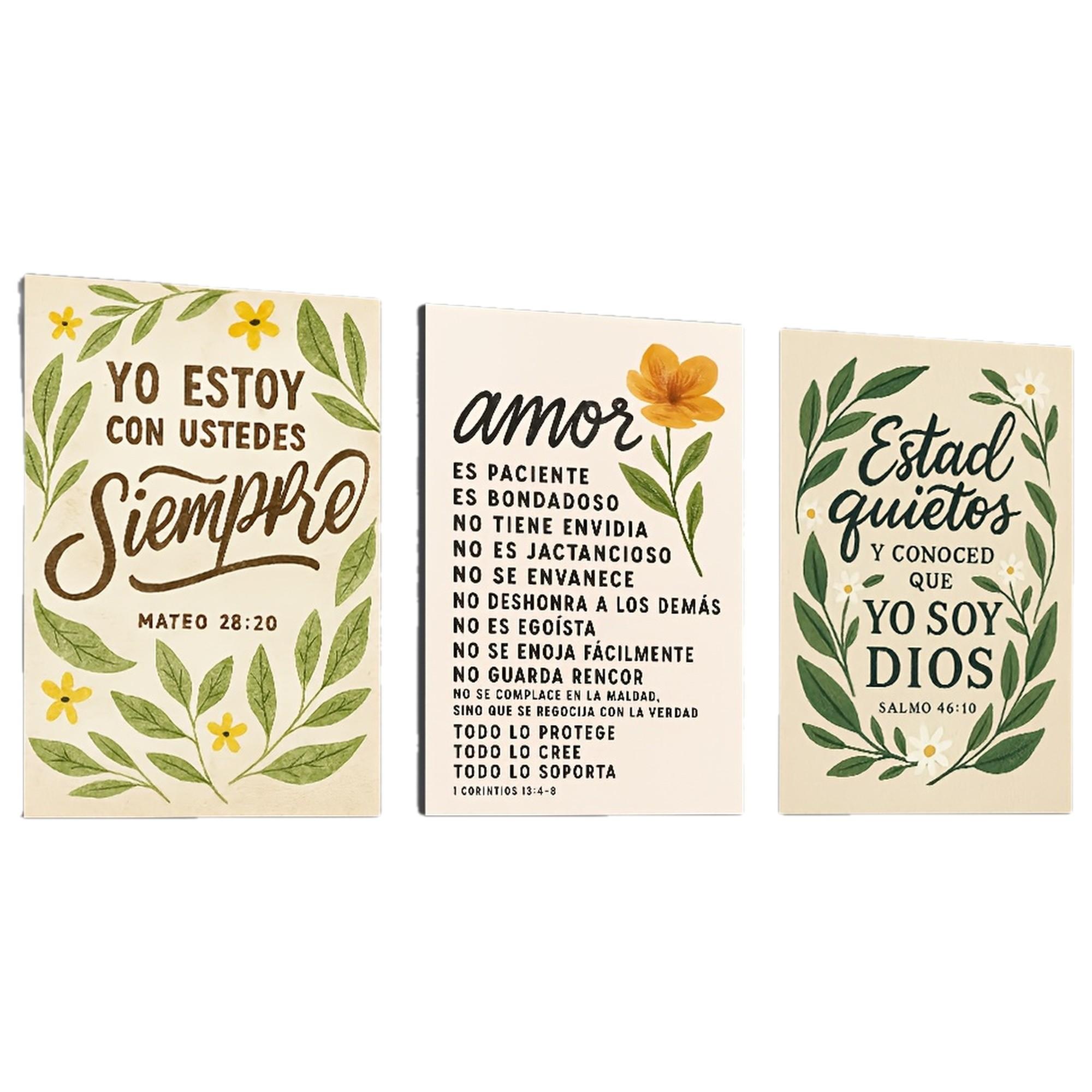 3pcs Religious Canvas Wall Art, Spanish Bible Text, Floral Elements, Wooden Frame, Home Office Church Decor, Jesus Theme Gift