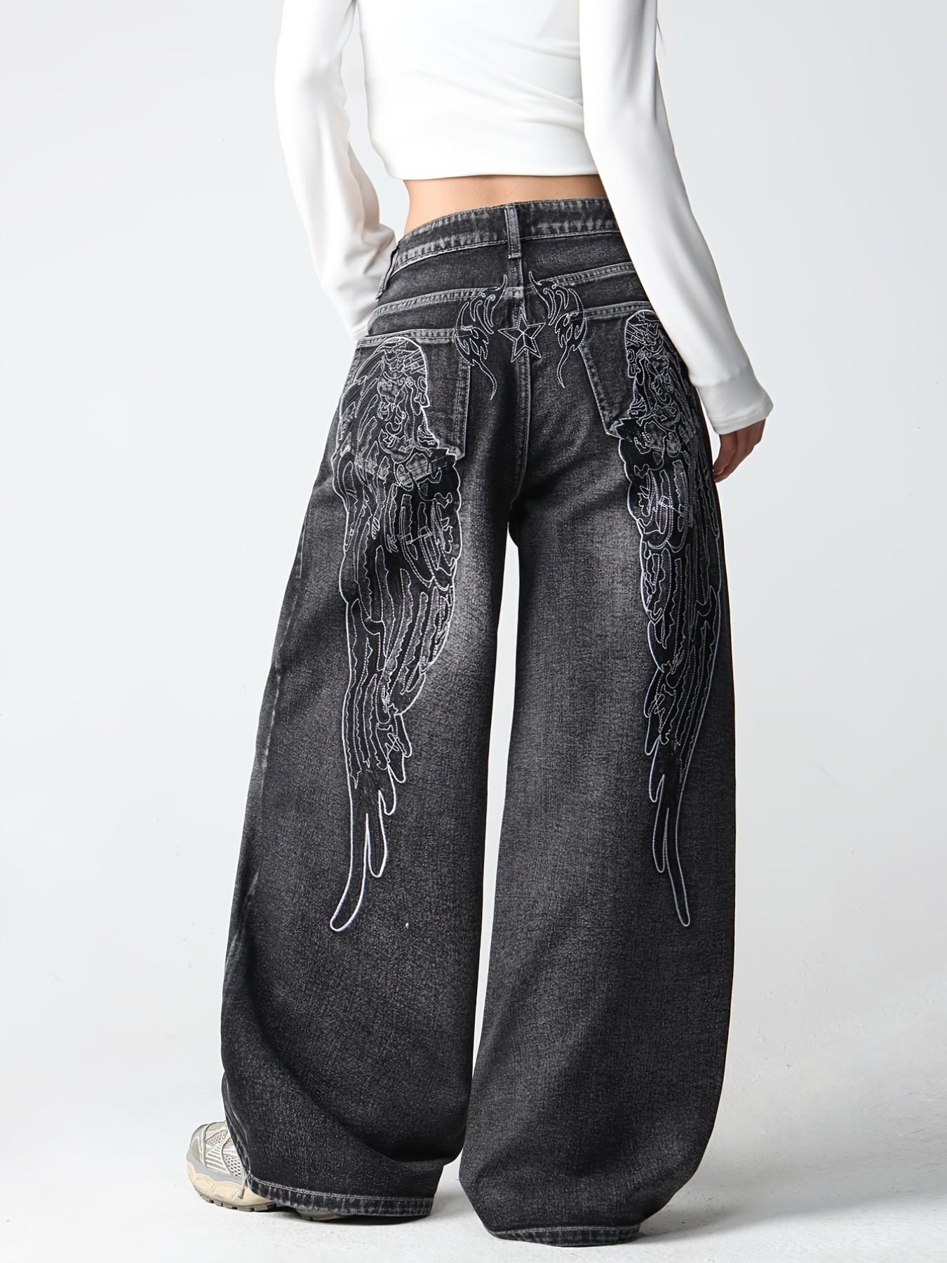Vintage Creative Wing Embroidery Women's High Waist Baggy Denim Jeans, Casual Jeans Pants, Fashionable Trendy Streetwear Versatile Slimming Wide Leg Long Pants