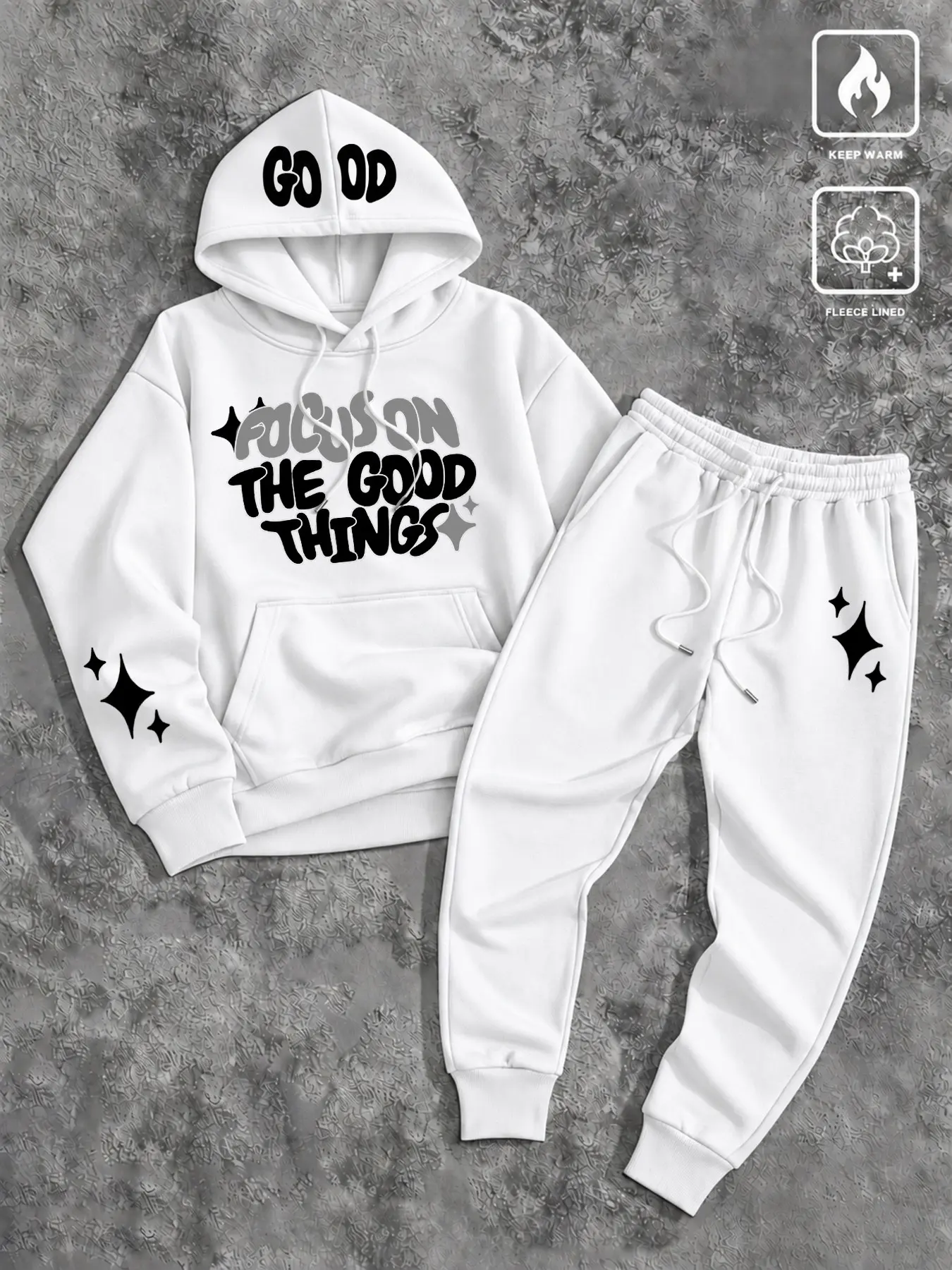 Men's Fall Winter Thickened 2-Piece Set, Comfortable Hooded Sweatshirt + Drawstring Sports Pants, Fun Bubble Font, Outdoor & Casual Wear