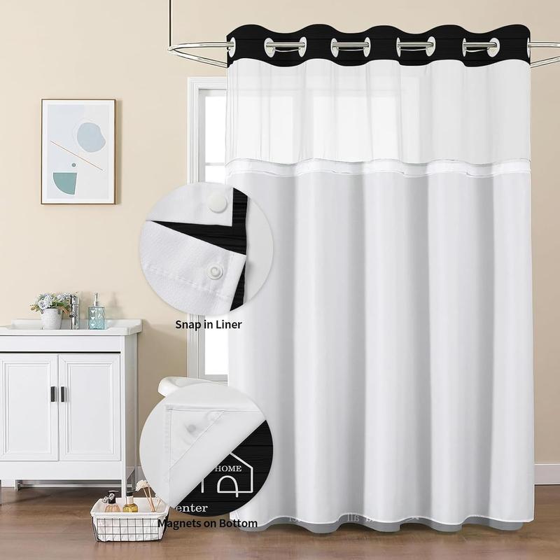 No Hook Black Family Shower Curtain with Snap-in Polyester Liner Set, Family Shower Curtain for Bathroom, See Through Top Bath Curtain,Waterproof & Machine Washable, 72 x 75 Inch