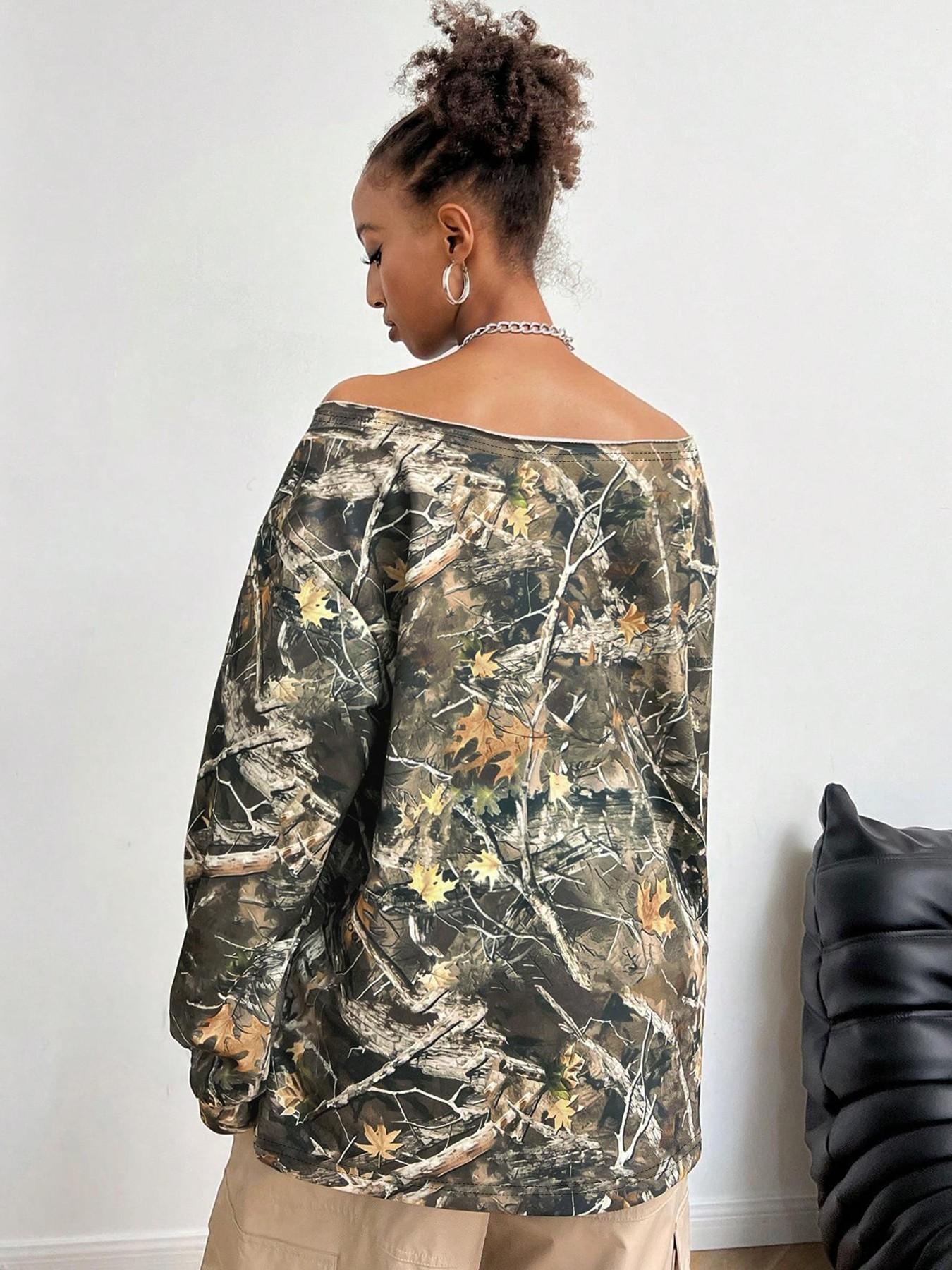 Women's Pullover Sweatshirt, Long Sleeve, Branch Texture Print, Fashionable and Comfortable, Casual Streetwear, Hip Hop, Dance, Motorcycle, Campus Style, Polyester Knit Pullover