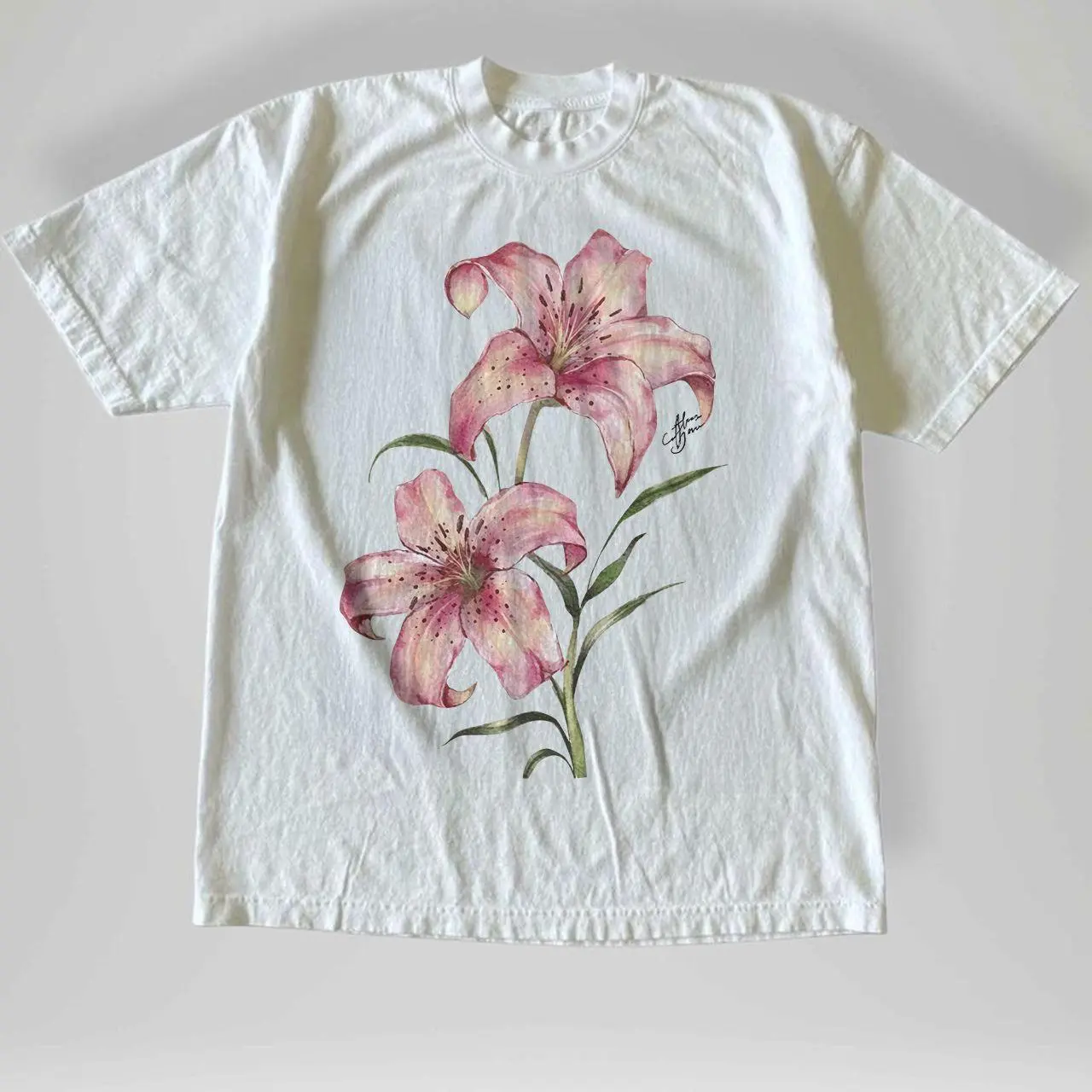 Vintage Watercolor Pink Lily Floral Graphic Tee Aesthetic Women T-Shirt