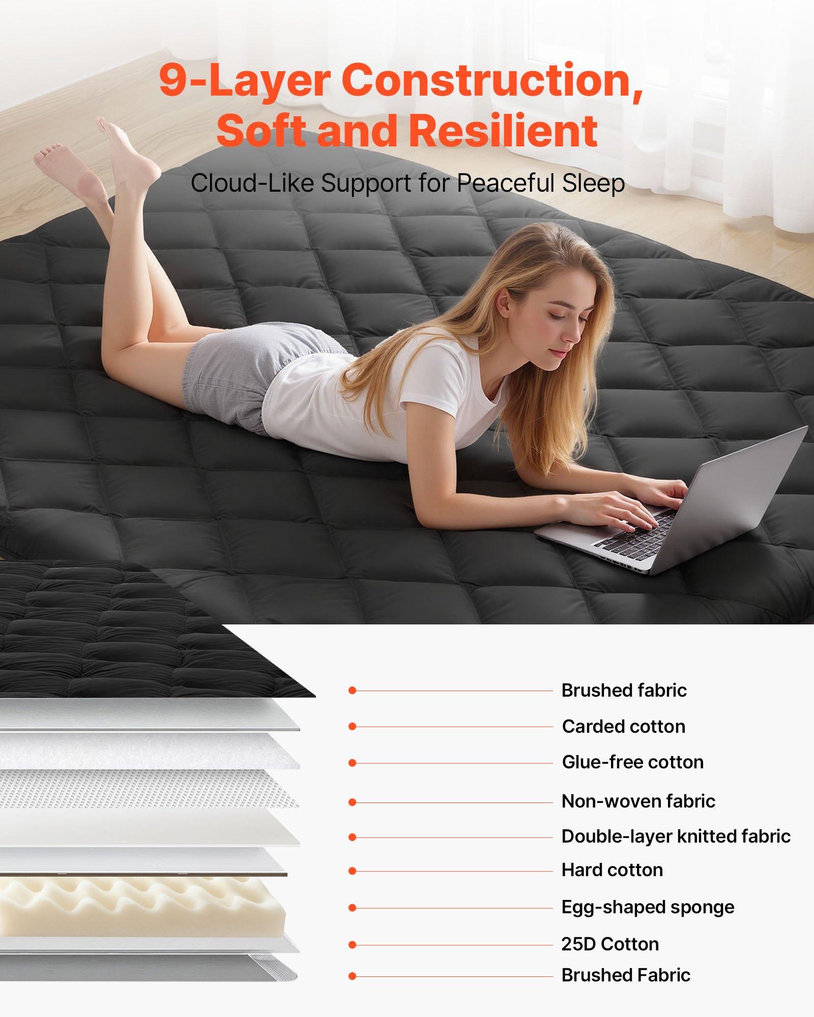 【Summerfinds】VEVOR Brushed Fabric Japanese Tatami Mattress, Queen Size 80x60x3.5in 14.1 lbs Foldable 60 Inch Single Sleeping Yoga Floor Mat, 9-Layer Dorm Mat with Storage Bag Fastener, Black
