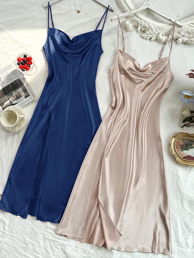 Women's Solid Draped Cowl Neck Cami Nightdress, Casual Comfy Adjustable Spaghetti Strap Nightgown, Ladies Sleepwear for All Seasons, National Day Offers