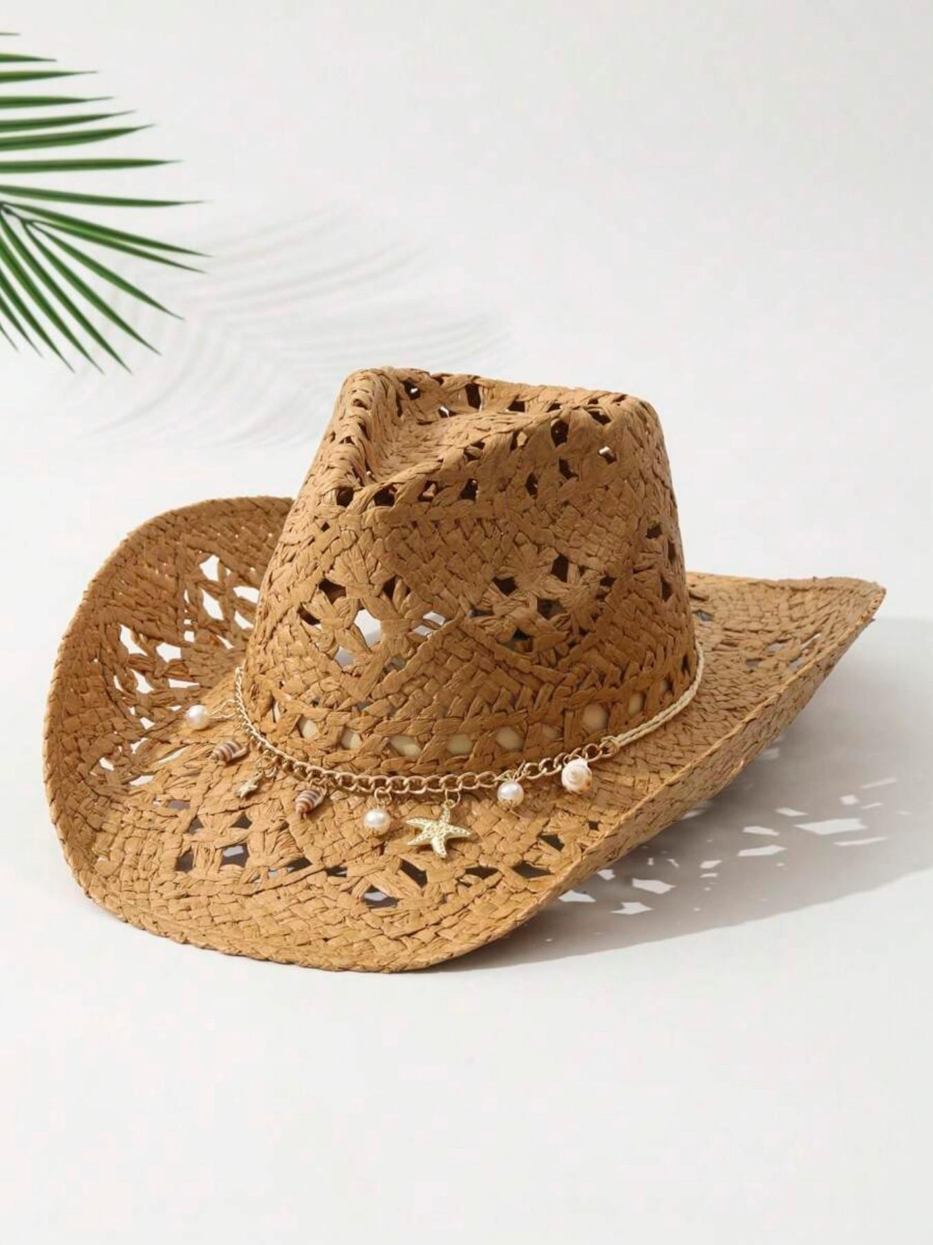 Women's Straw Pearl Shell Cowboy Hat, Foldable Beach Sun Protection Hat, Wide Brim Western Hat, Summer Fashion Accessory, Casual Hat