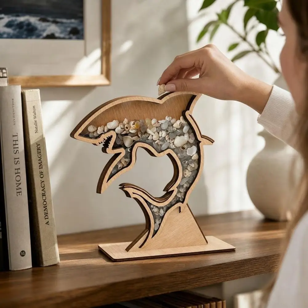 Wooden Shark Shell Display Box, High-Transparency Acrylic Panel, Beach Memorial Collection Rack, Ocean Style Home Decor, Ideal for Beach Lovers