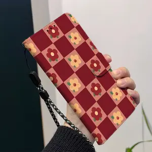 Red checkered pattern wallet phone case magnetic flip cover with card slot, lanyard and foldable stand for iPhone17/17Pro/17ProMax/17Air/16/16 Pro/16Plus/16ProMax/16e/15/15Pro/15Plus/15ProMax/14/14Pro/14Plus/14ProMax Protective case